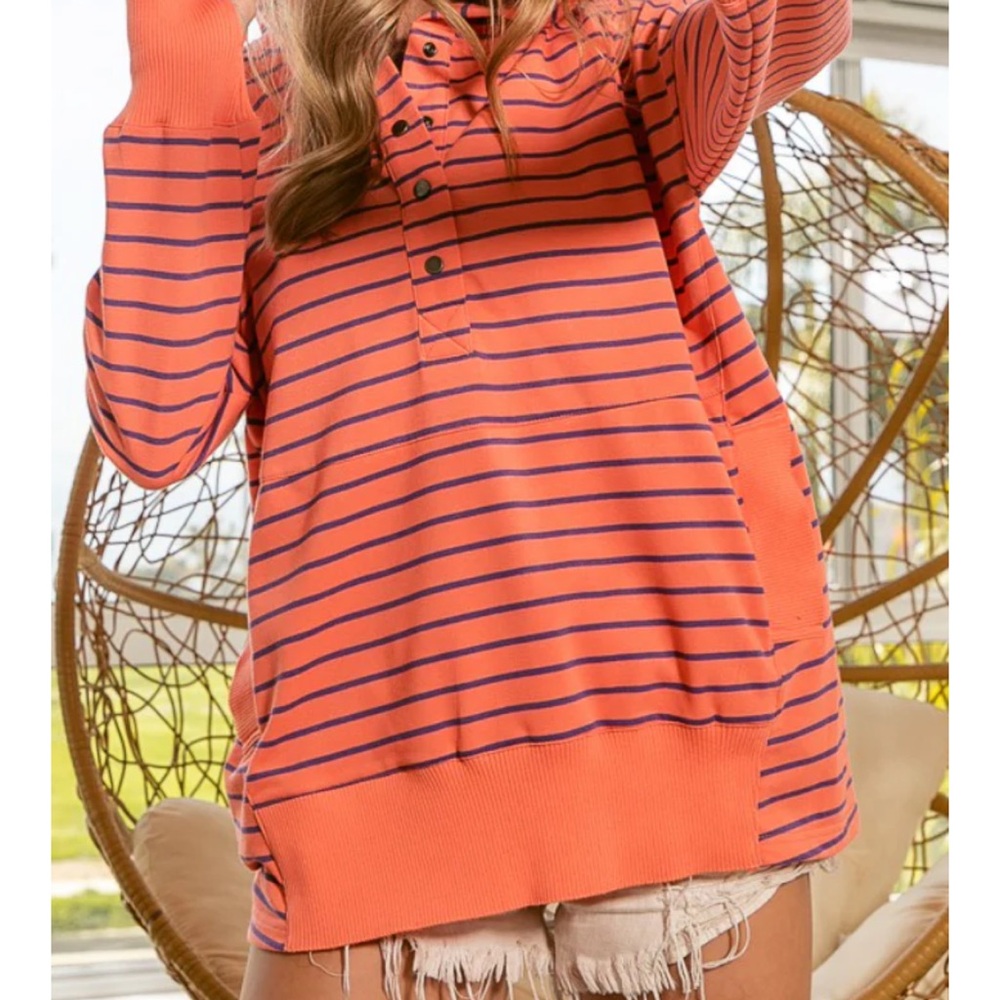 Bibi Striped Coral Orange and Blue Women's Hooded Sweatshirt